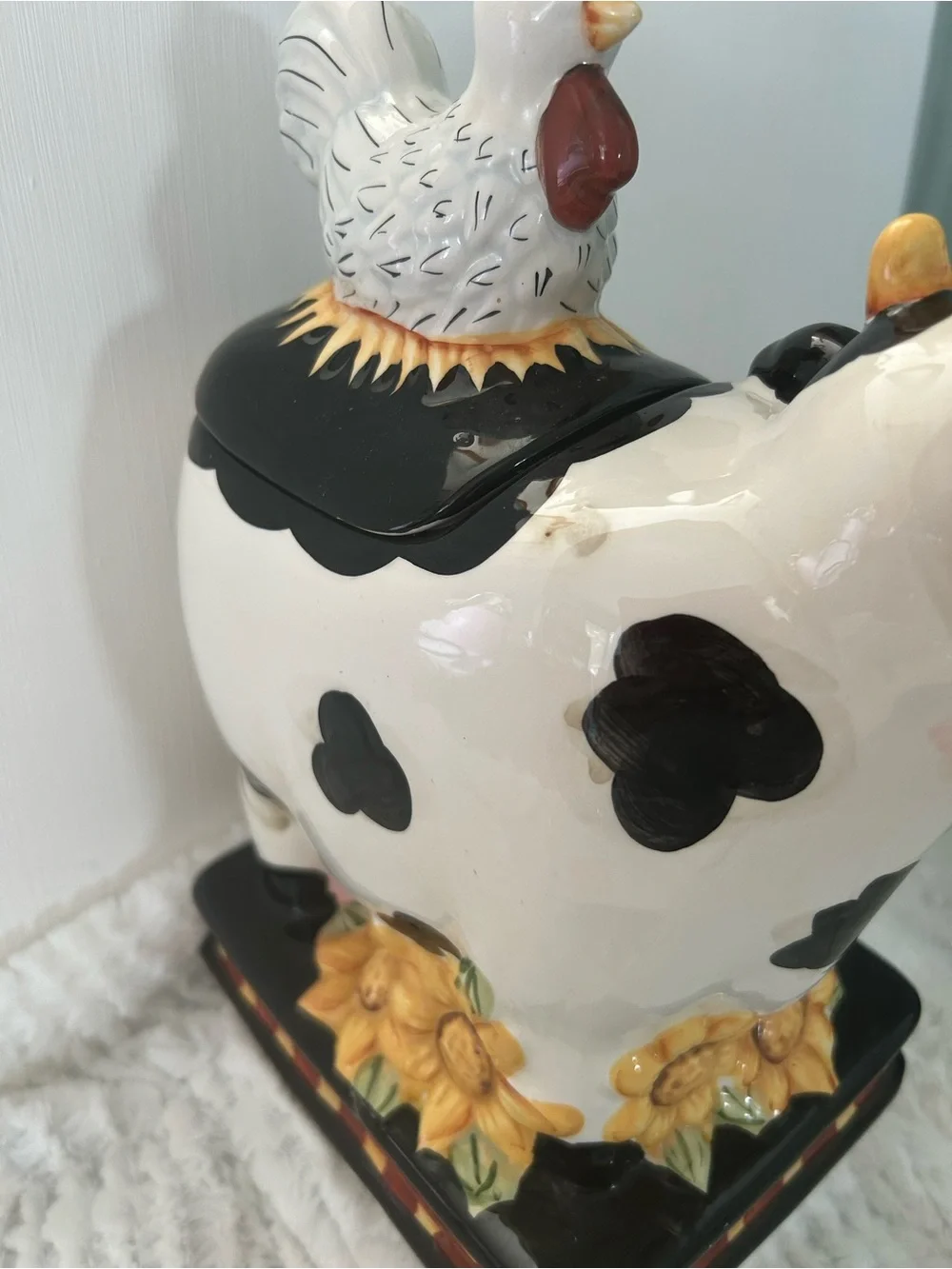 Rare Find Holstein Cow & Rooster Ceramic Cookie Jar - White, Black & Yellow